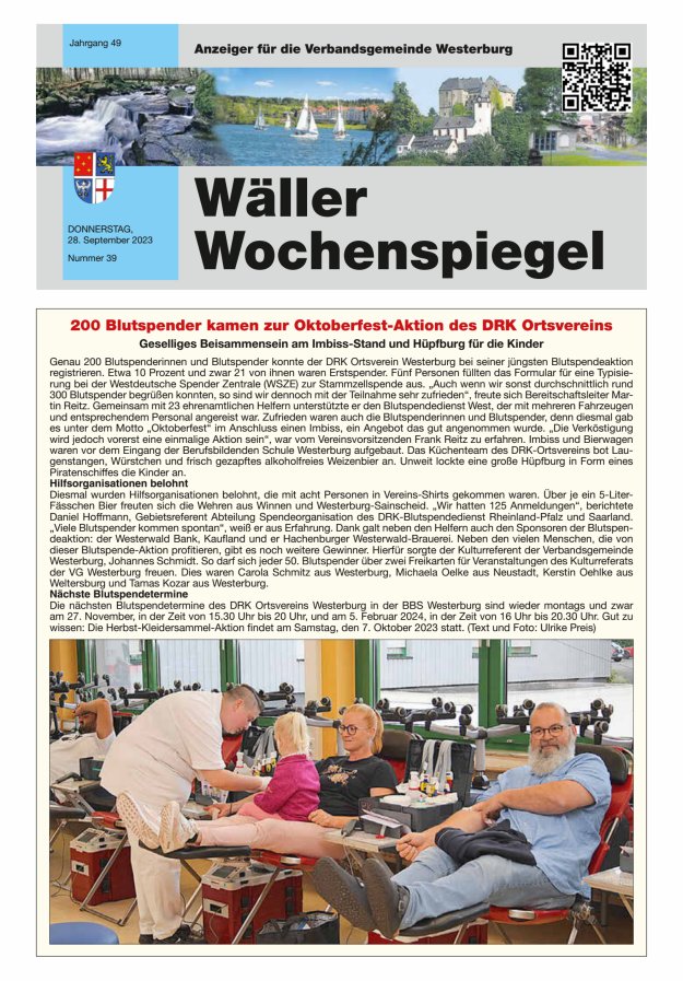 Wäller Wochenspiegel - Anzeiger für die Verbandsgemeinde Westerburg Titelblatt 39/2023