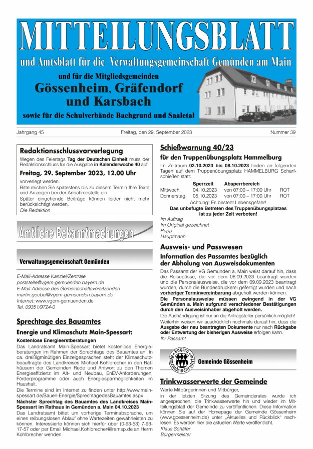 Mitteilungsblatt der VG Gemünden a Main Titelblatt 39/2023