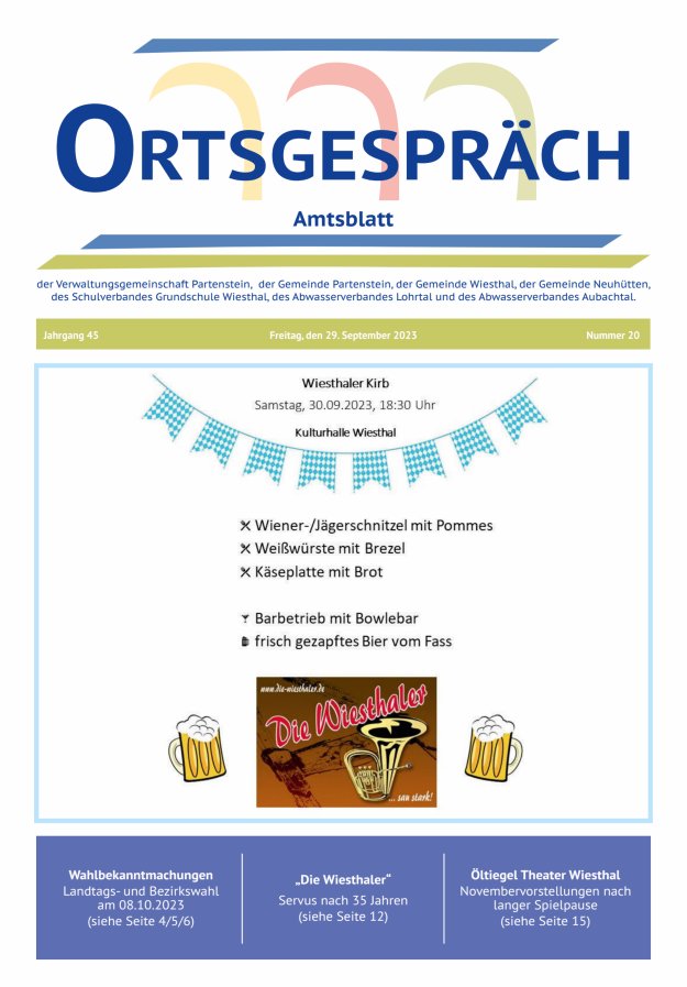 Ortsgespräch - Amtsblatt der VG Partenstein und ihrer Körperschaften Titelblatt 20/2023