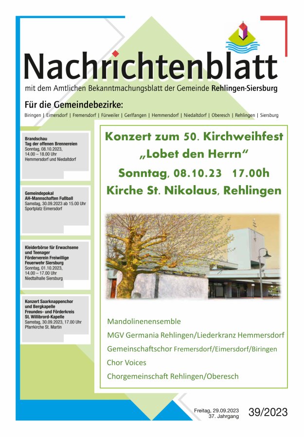 Nachrichtenblatt Rehlingen-Siersburg Titelblatt 39/2023