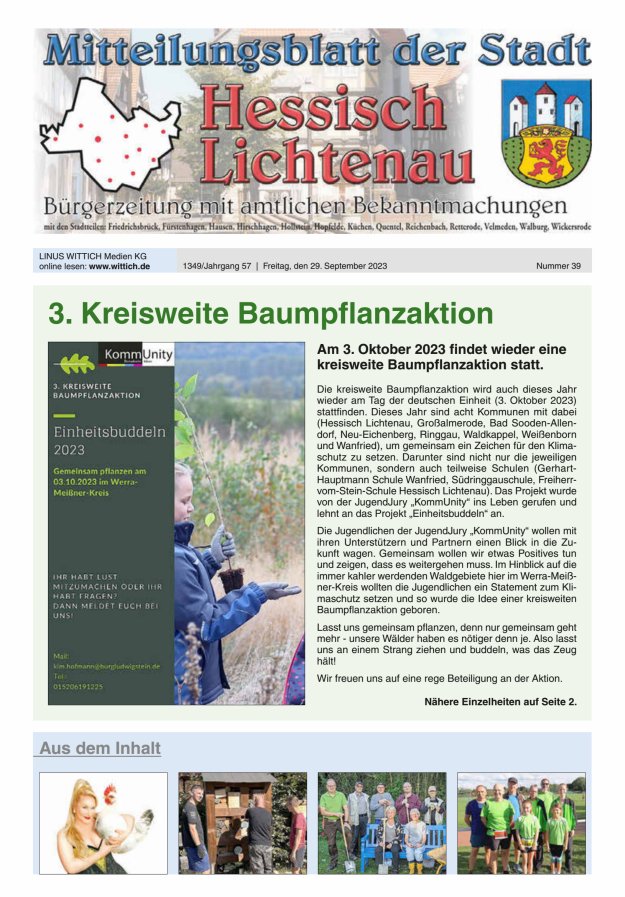 Mitteilungsblatt der Stadt Hess Lichtenau Titelblatt 39/2023