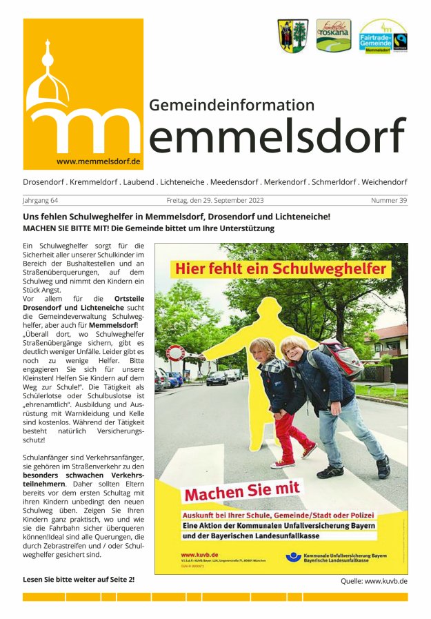 Mitteilungsblatt der Gemeinde Memmelsdorf Titelblatt 39/2023