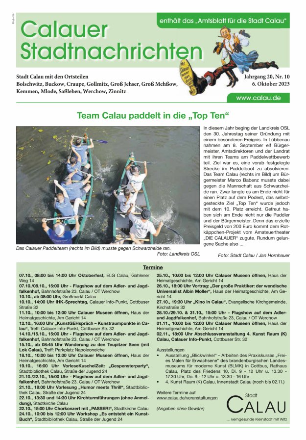 Calauer Stadtnachrichten  Titelblatt 10/2023