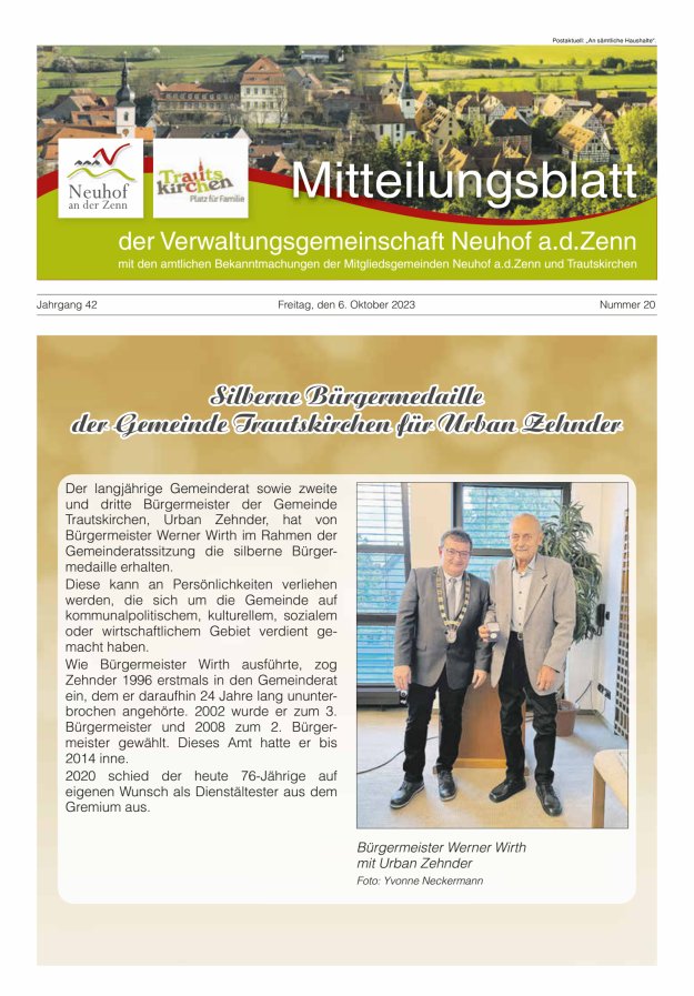 Mitteilungsblatt der Verwaltungsgemeinschaft Neuhof an der Zenn mit den amtlichen Bekanntmachungen der Mitgliedsgemeinden Neuhof an der Zenn und Trautskirchen Titelblatt 20/2023