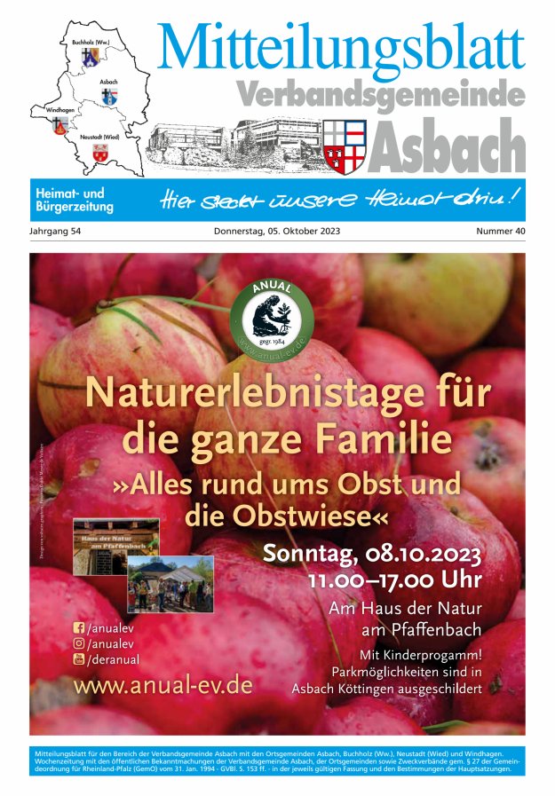 Mitteilungsblatt Verbandsgemeinde Asbach Titelblatt 40/2023