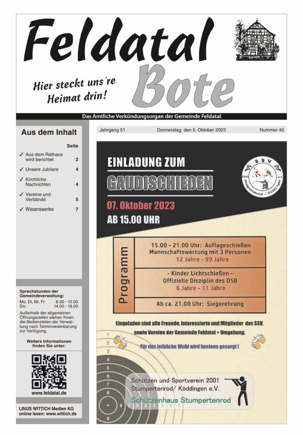 Das Amtliche Verkündungsorgan der Gemeinde Feldatal Titelblatt 40/2023