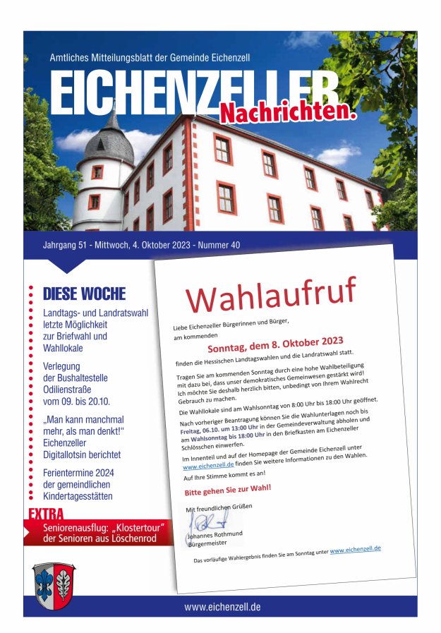 Amtliches Mitteilungsblatt der Gemeinde Eichenzell Titelblatt 40/2023