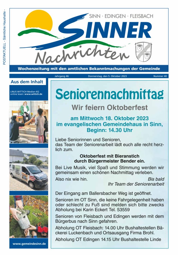 Sinner Nachrichten Titelblatt 40/2023