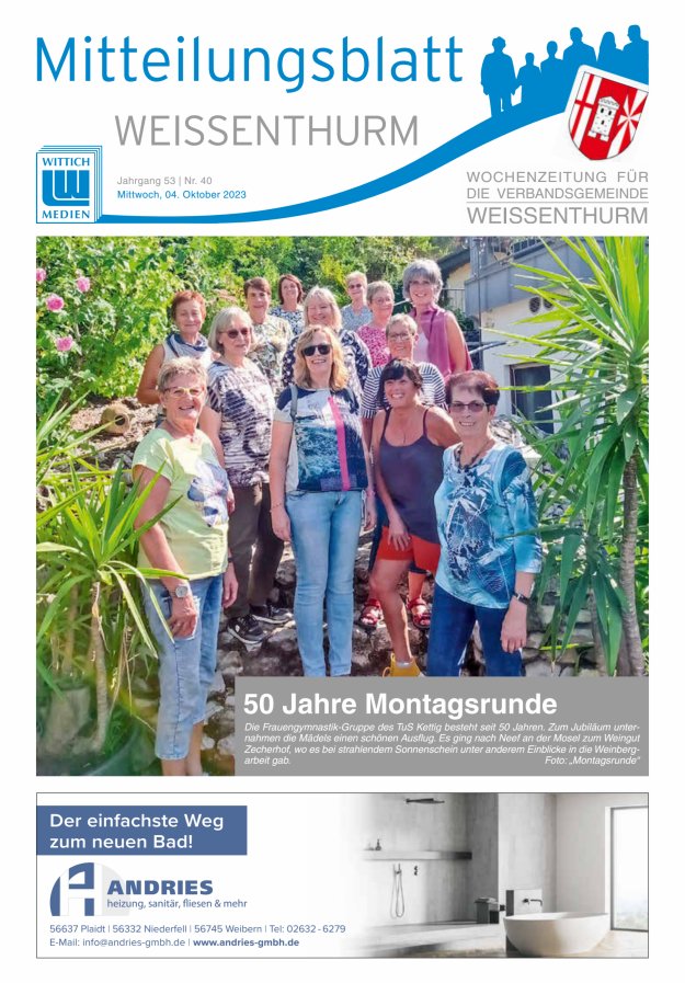 Mitteilungsblatt für den Bereich der Verbandsgemeinde Weißenthurm Titelblatt 40/2023
