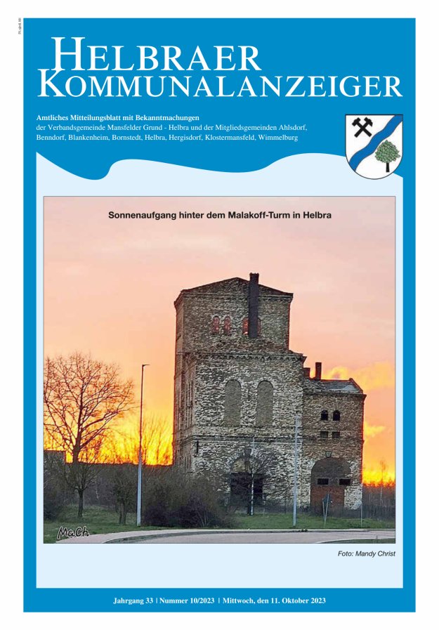 Helbraer Kommunalanzeiger – Amtliches Mitteilungsblatt mit Bekanntmachungen Titelblatt 10/2023