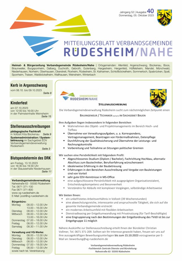 Mitteilungsblatt Verbandsgemeinde Rüdesheim und zugehörige Ortsgemeinden Titelblatt 40/2023