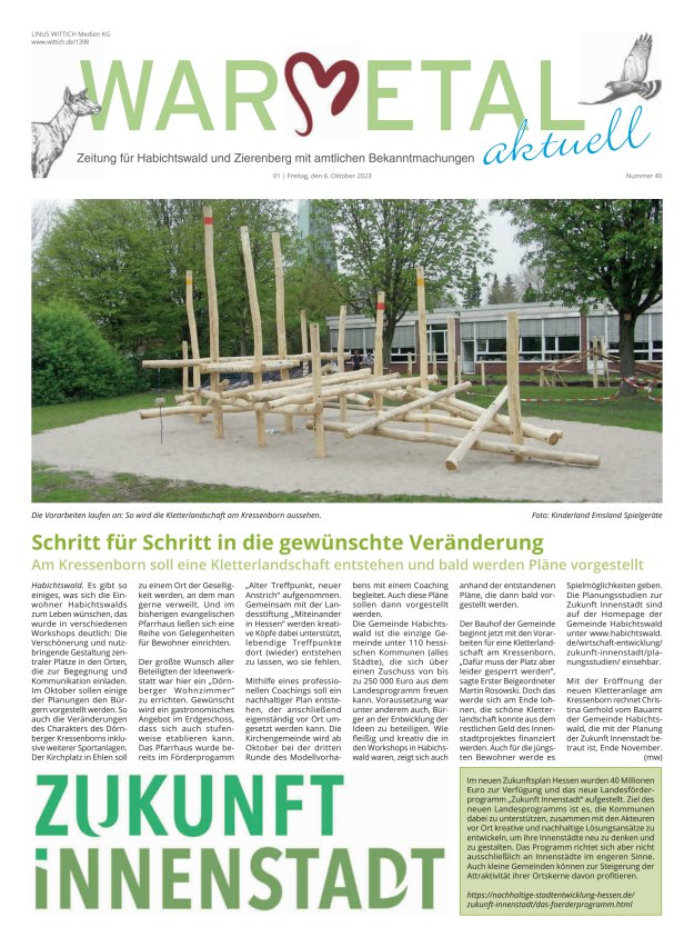 Warmetal aktuell (Habichtswald + Zierenberg) Titelblatt 40/2023