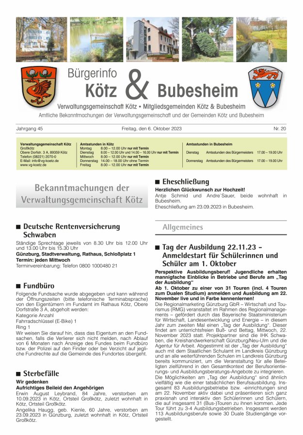 Amtsblatt der VG Kötz und der Mitgliedsgemeinden Titelblatt 20/2023