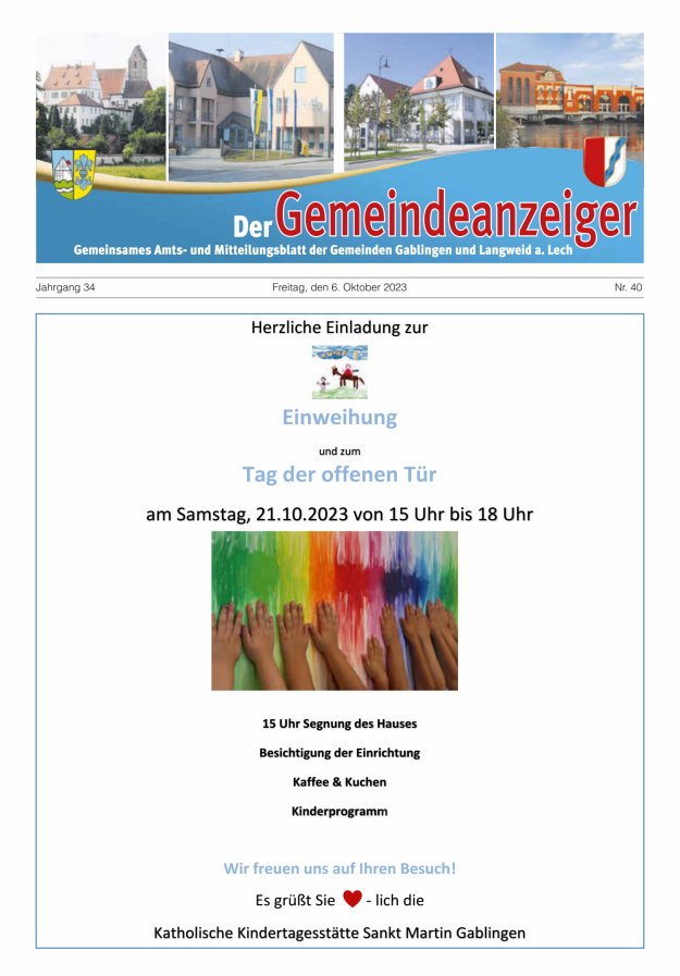 Der Gemeindeanzeiger - Gablingen Langweid Titelblatt 40/2023