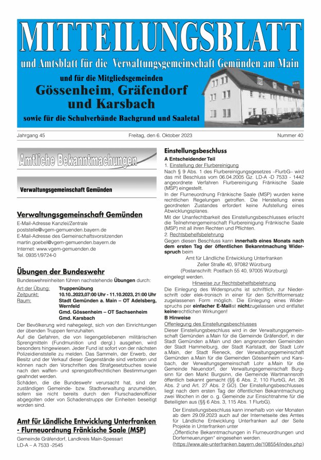 Mitteilungsblatt der VG Gemünden a Main Titelblatt 40/2023