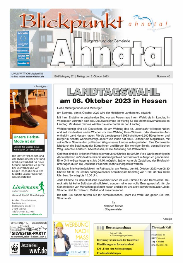 Blickpunkt Ahnatal Titelblatt 40/2023