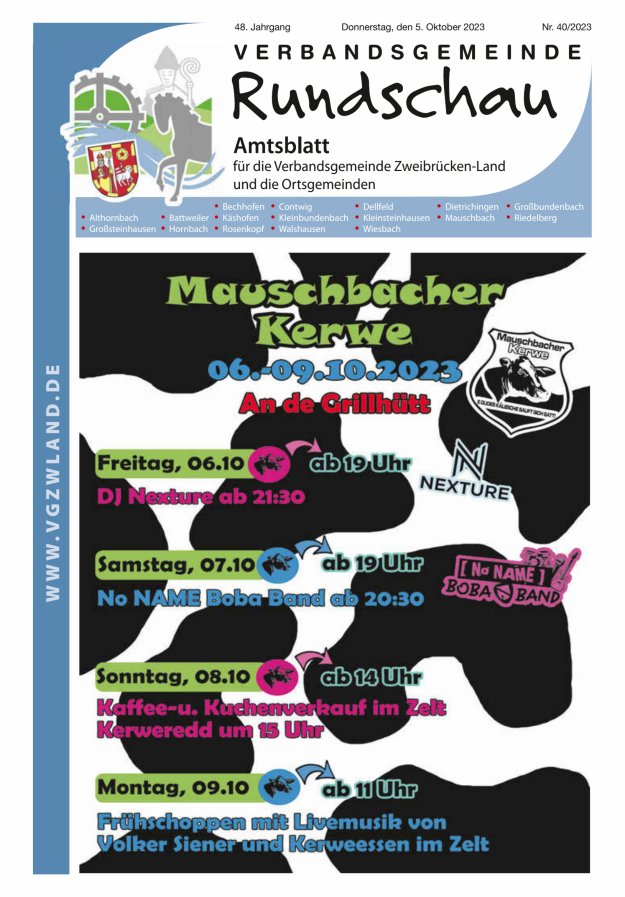 Verbandsgemeinde Rundschau Zweibrücken-Land Titelblatt 40/2023