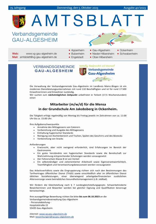 Amtsblatt der VG Gau-Algesheim Titelblatt 40/2023