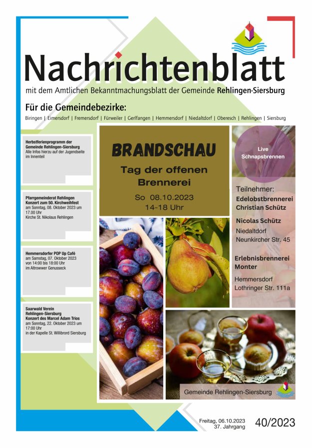 Nachrichtenblatt Rehlingen-Siersburg Titelblatt 40/2023
