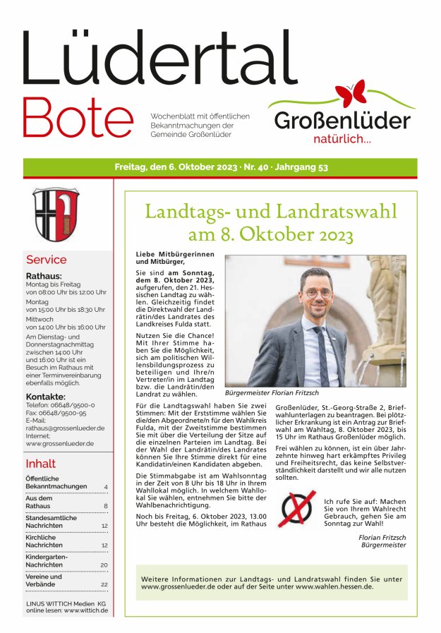 Wochenblatt mit öffentlichen Bekanntmachungen der Gemeinde Großenlüder Titelblatt 40/2023