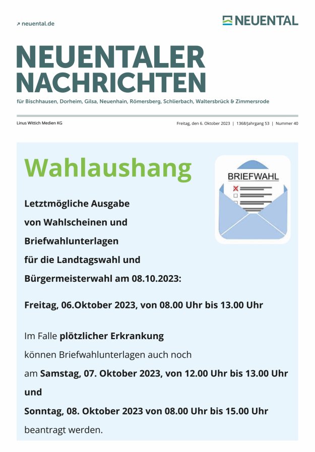 Neuentaler Nachrichten Titelblatt 40/2023