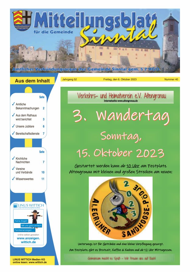 Mitteilungsblatt für die Gemeinde Sinntal Titelblatt 40/2023