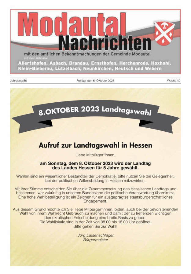 Modautal-Nachrichten Titelblatt 40/2023