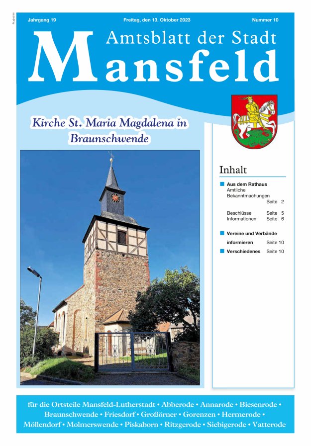 Amtsblatt der Stadt Mansfeld Titelblatt 10/2023