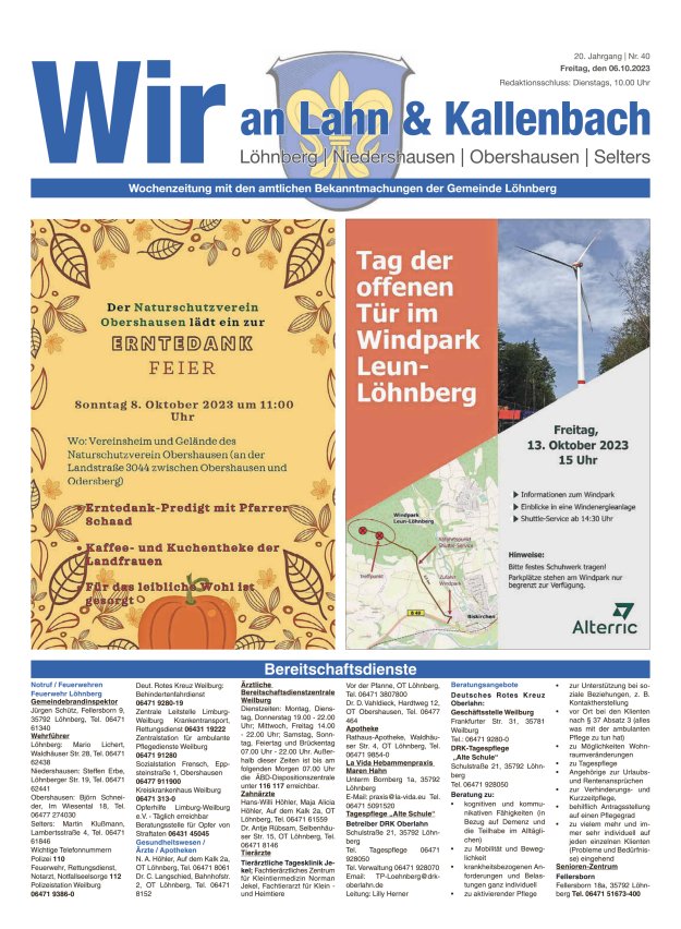 Amtliches Mitteilungsblatt der Gemeinde Löhnberg Titelblatt 40/2023