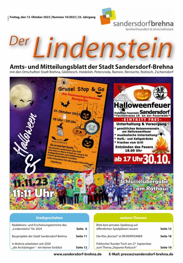 Der Lindenstein Amts- und Mitteilungsblatt der Stadt Sandersdorf-Brehna Titelblatt 10/2023