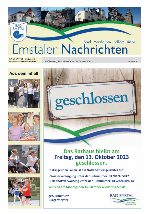Emstaler Nachrichten Titelblatt 41/2023