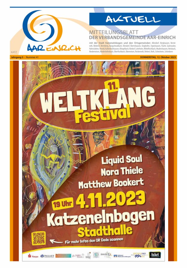 Mitteilungsblatt der Verbandsgemeinde Aar-Einrich Ausgabe Katzenelnbogen Titelblatt 41/2023