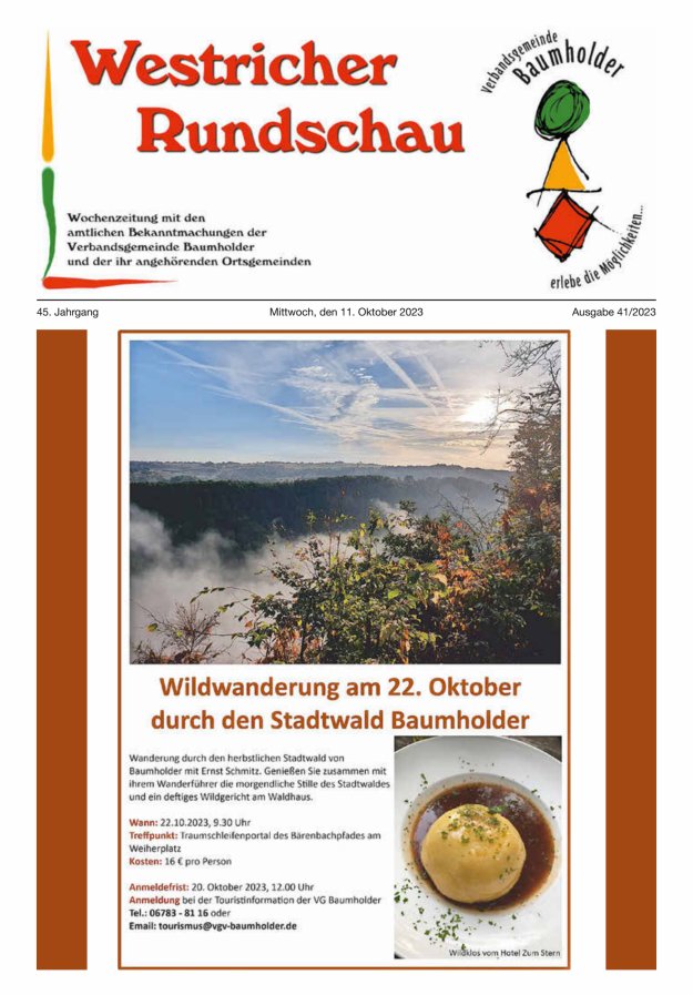 Westricher Rundschau VG Baumholder Titelblatt 41/2023