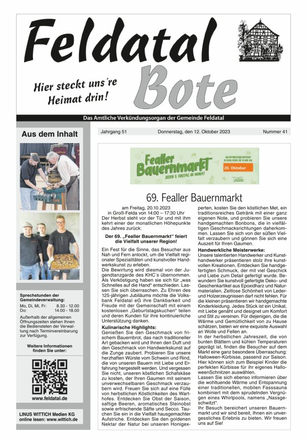Das Amtliche Verkündungsorgan der Gemeinde Feldatal Titelblatt 41/2023