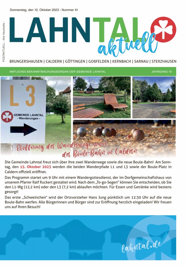 Amtliches Bekanntmachungsorgan der Gemeinde Lahntal Titelblatt 41/2023
