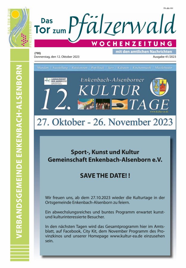 Das Tor zum Pfälzer Wald - VG Enkenbach-Alsenborn Titelblatt 41/2023