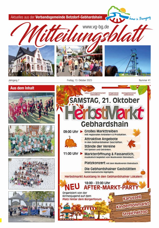 Aktuelles aus der VG Betzdorf-Gebhardshain, Ausgabe Betzdorf Titelblatt 41/2023