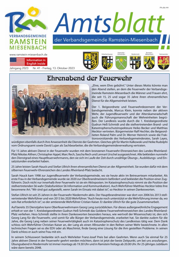 Amtsblatt VG Ramstein-Miesenbach Titelblatt 41/2023