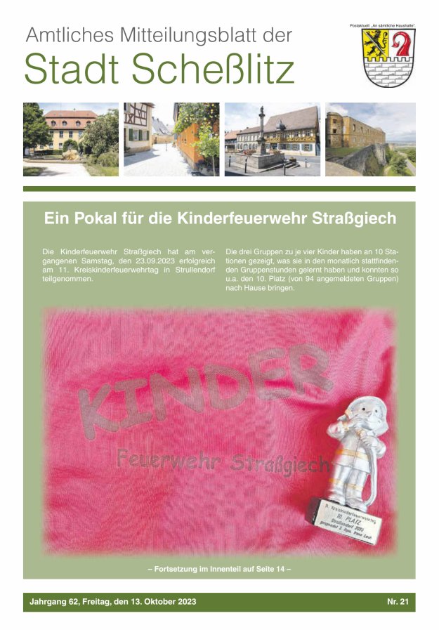 Scheßlitzer Anzeiger - Amtliches Mitteilungsblatt der Stadt Scheßlitz Titelblatt 21/2023
