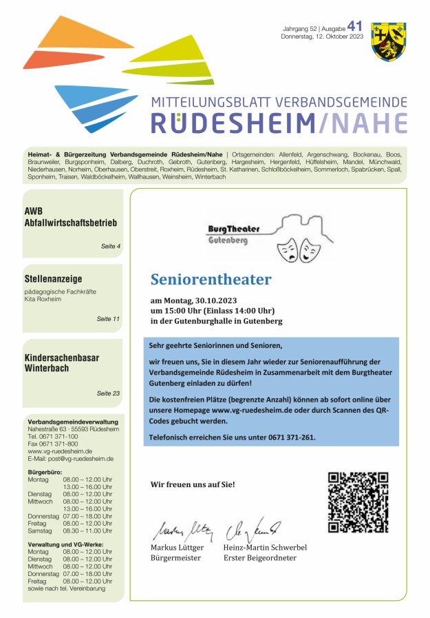 Mitteilungsblatt Verbandsgemeinde Rüdesheim und zugehörige Ortsgemeinden Titelblatt 41/2023