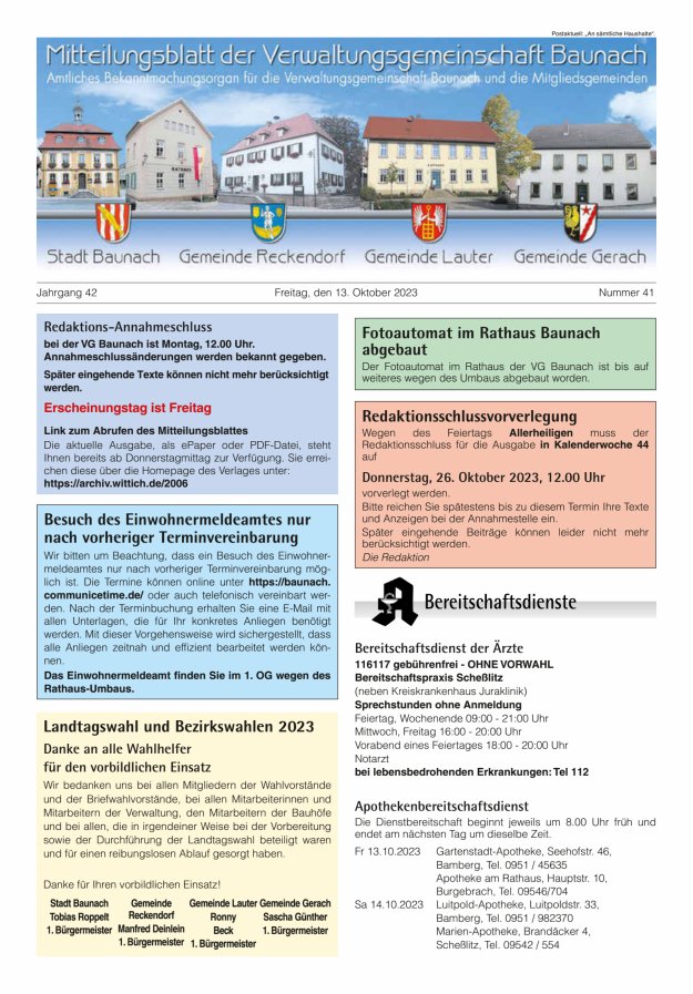 Mitteilungsblatt Verwaltungsgemeinschaft Baunach Titelblatt 41/2023