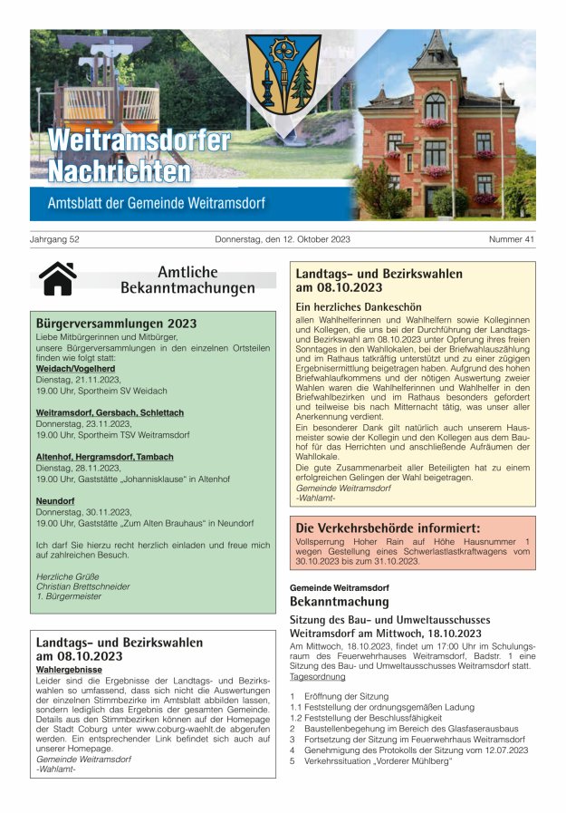 Weitramsdorfer Nachrichten Titelblatt 41/2023