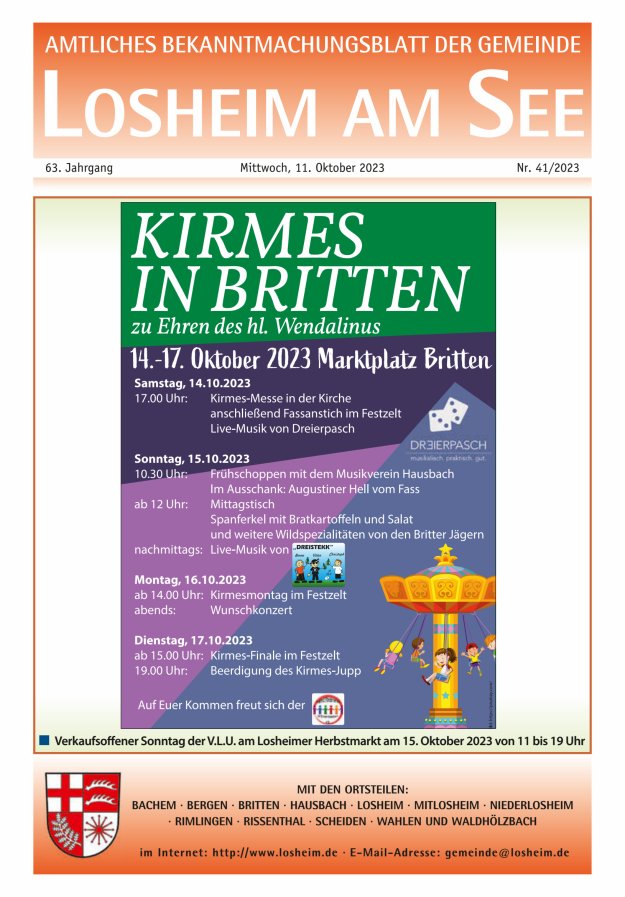 Amtliches Bekanntmachungsblatt der Gemeinde Losheim am See Titelblatt 41/2023