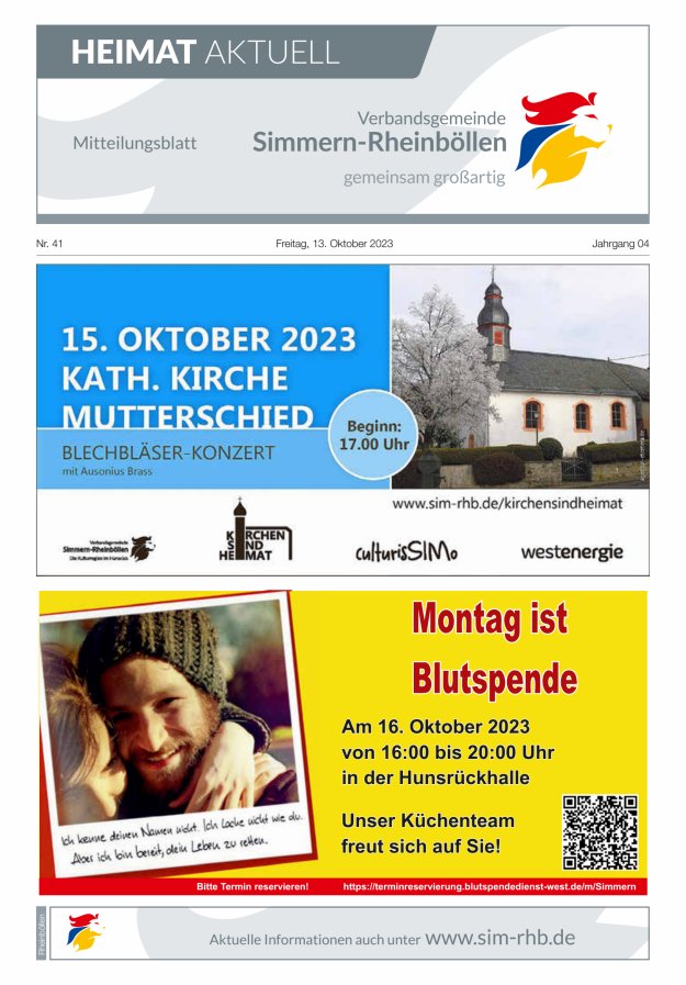 Heimat Aktuell Mitteilungsblatt der VG Simmern-Rheinböllen-Ausg Rheinböllen Titelblatt 41/2023
