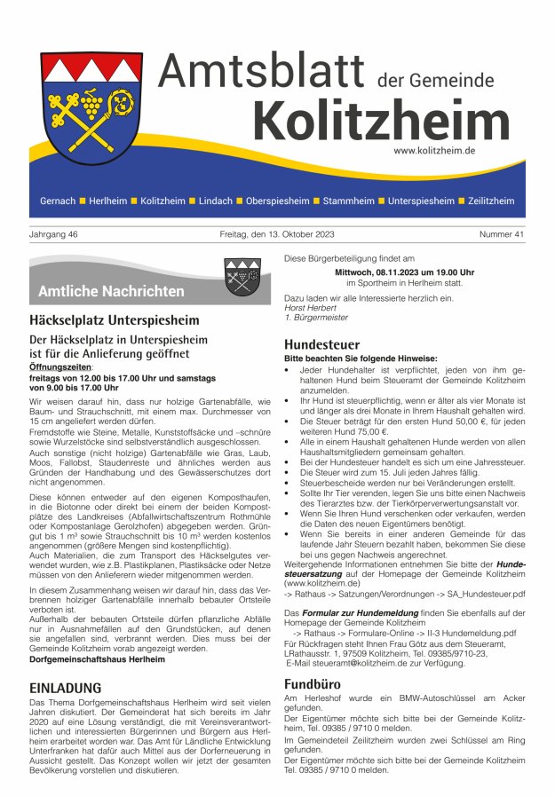 Amtsblatt der Gemeinde Kolitzheim Titelblatt 41/2023