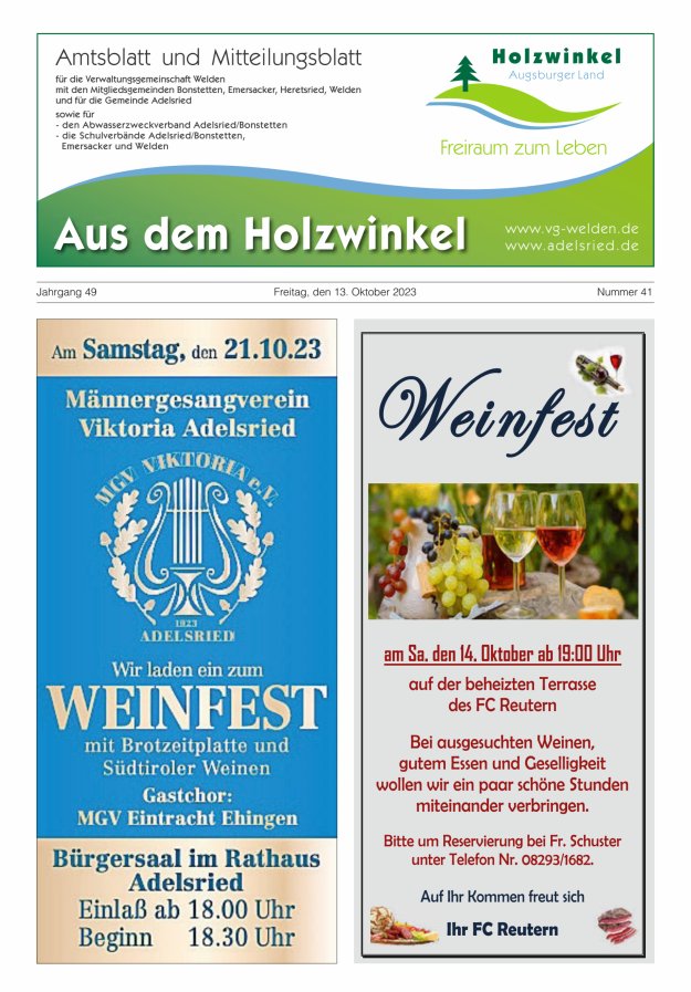 Aus dem Holzwinkel Amtsblatt u Mitteilungsblatt f VG Welden u GemAdelsried Titelblatt 41/2023