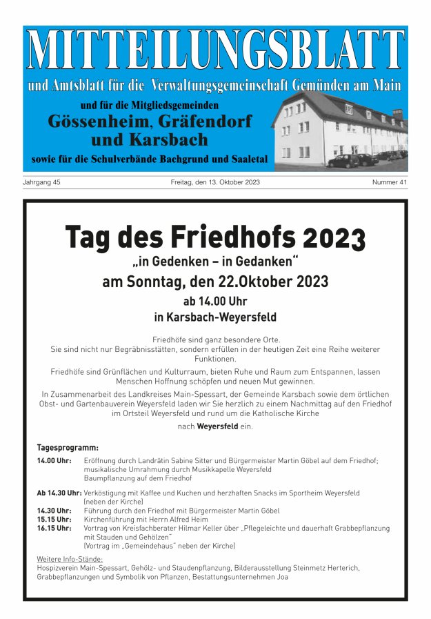 Mitteilungsblatt der VG Gemünden a Main Titelblatt 41/2023