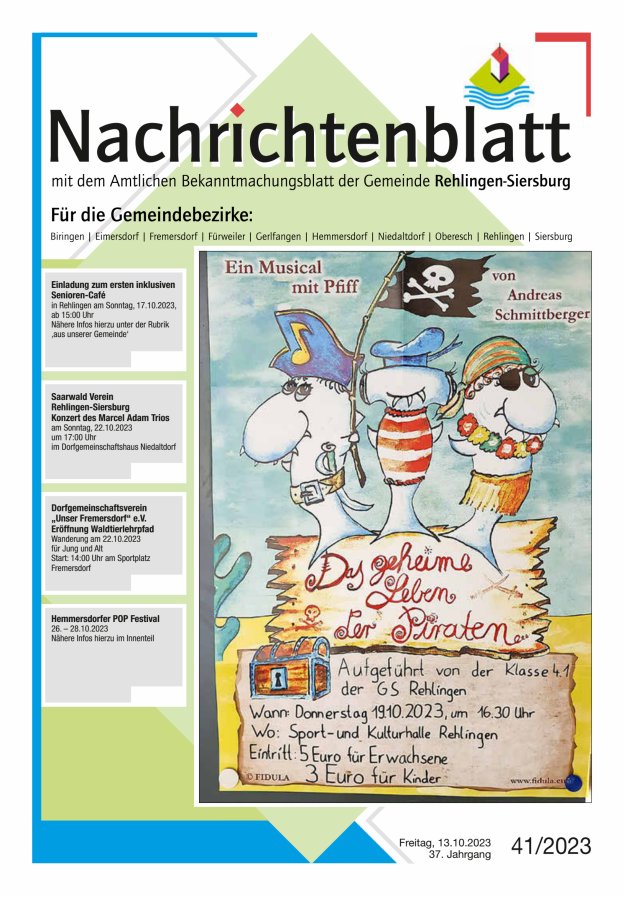 Nachrichtenblatt Rehlingen-Siersburg Titelblatt 41/2023