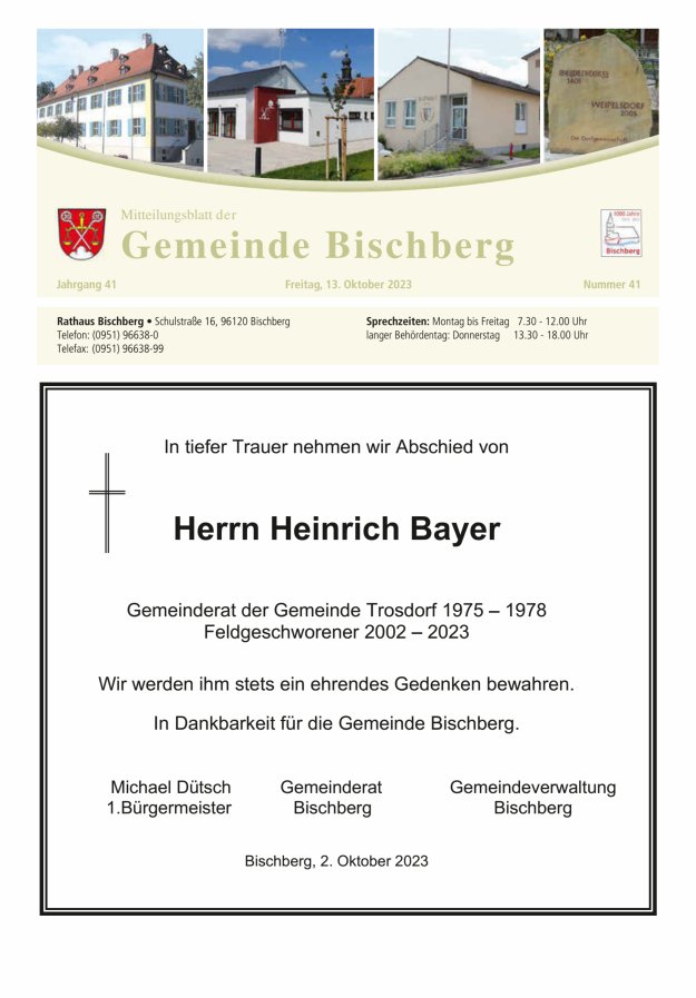 Mitteilungsblatt der Gemeinde Bischberg Titelblatt 41/2023