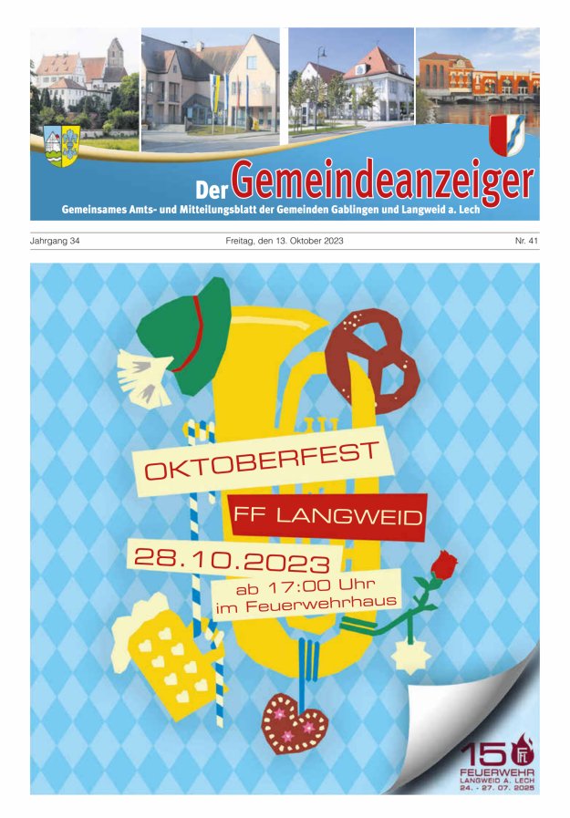 Der Gemeindeanzeiger - Gablingen Langweid Titelblatt 41/2023